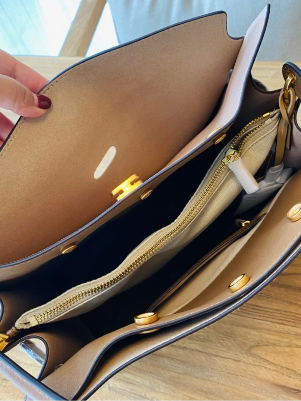 Tory Burch Tan and Brown Leather Top-Handle Satchel with Gold Hardware